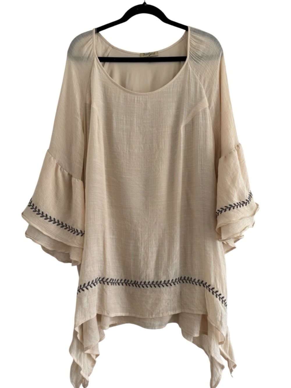 Oh Gussie! Ivory Boho Tunic Top Bell Sleeve Embroidered Peasant Blouse Size 2XL